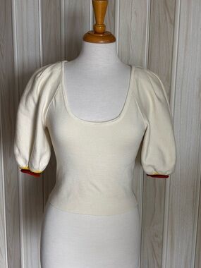 Gabriela Hearst Cream Scoop Neck Top with Red and Yellow Trim